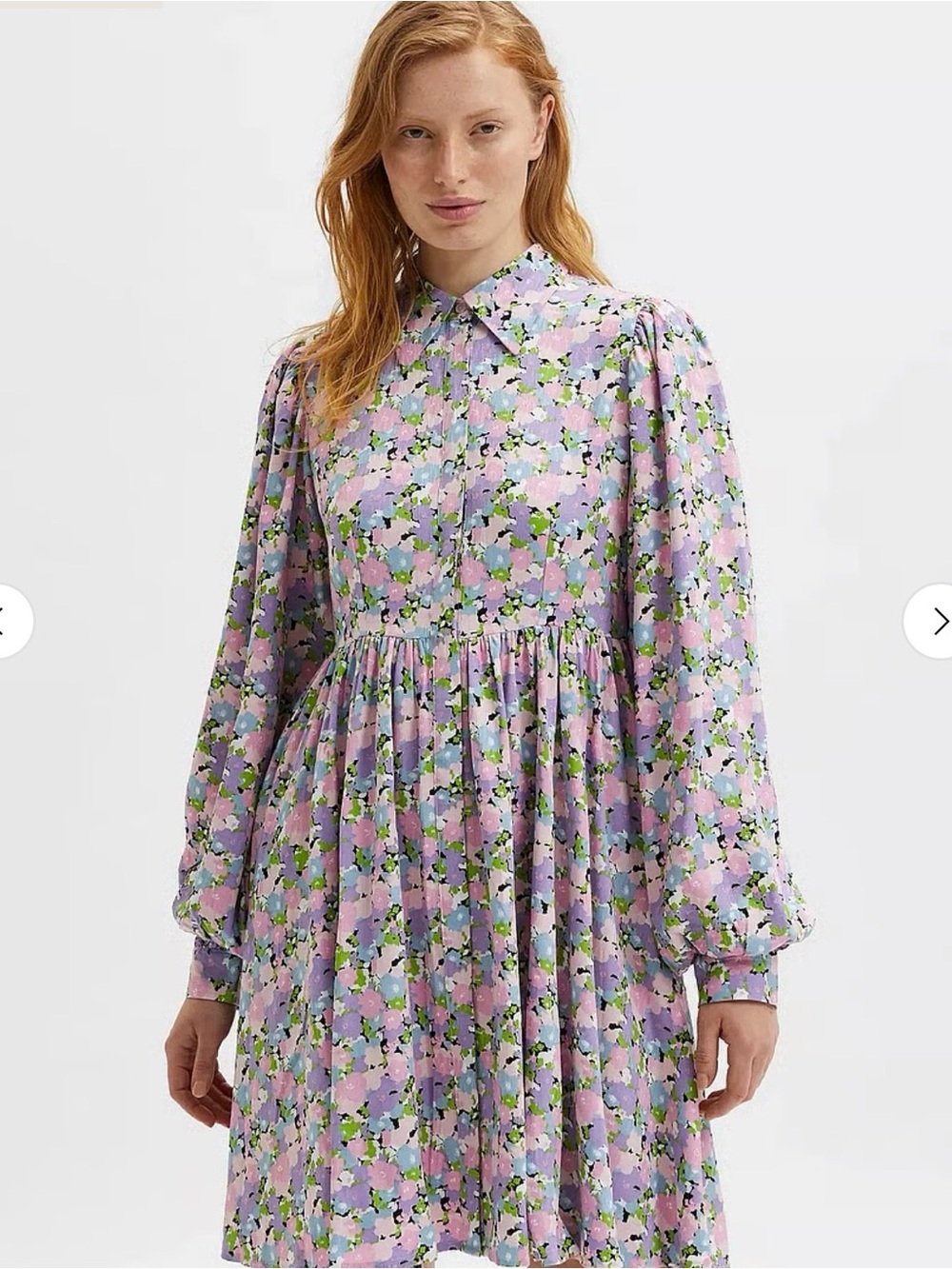 Selected Femme Floral Shirt Dress Pink Purple Pastel Puff Sleeve Babydoll Mini